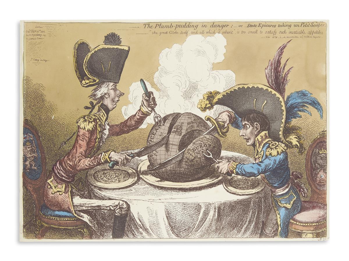(SATIRE.) Gillray, James. The Plumb-Pudding in Danger;__or__State Epicures Taking un Petit Souper.